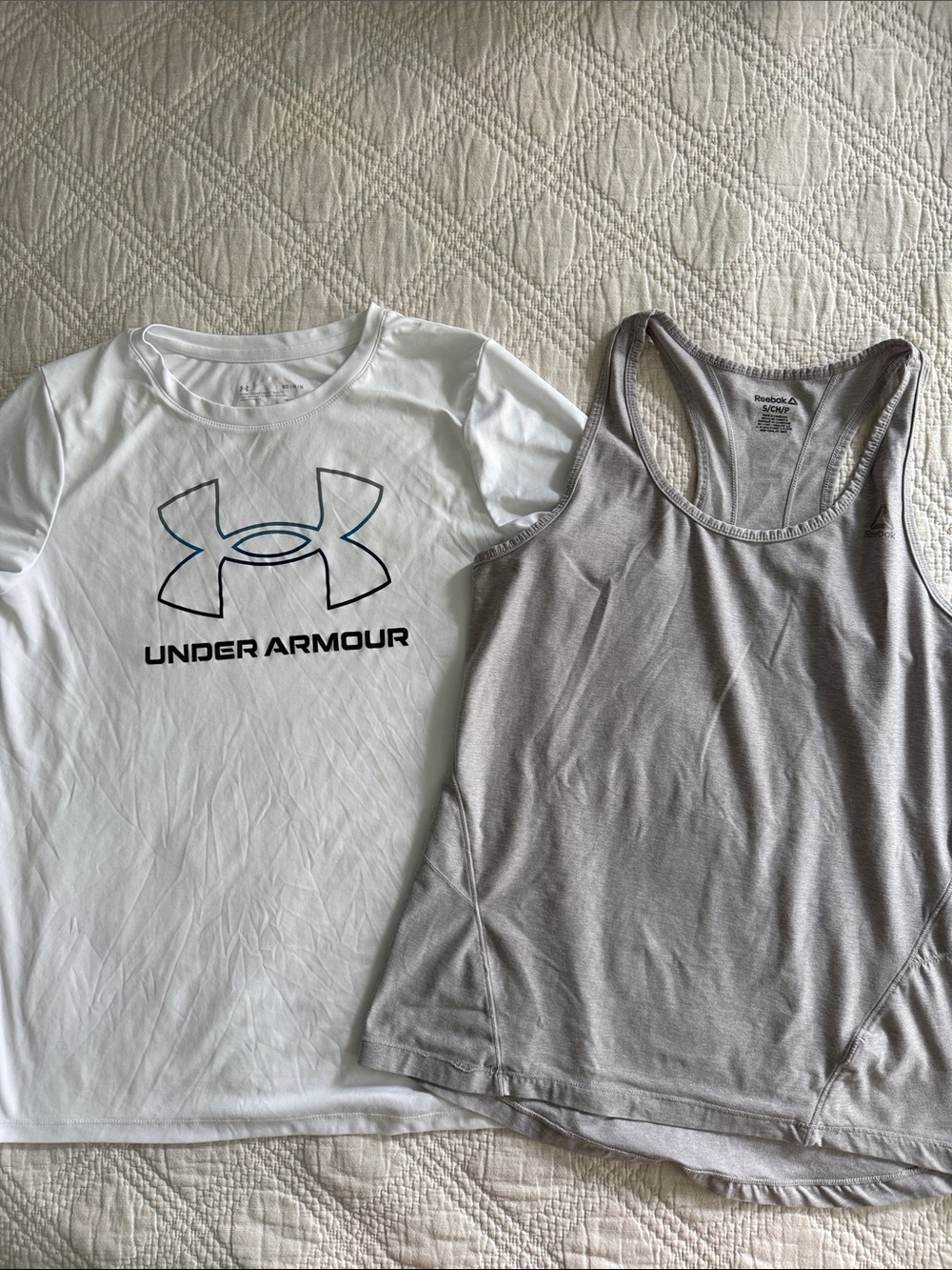 Under Armour White Short Sleeve Tee with Logo and Reebok tank top size M/S